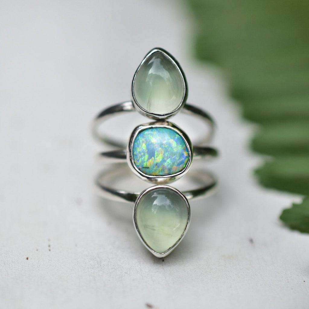 Australian Opal with Phrehnite ring in silver - Angel Alchemy Jewelry