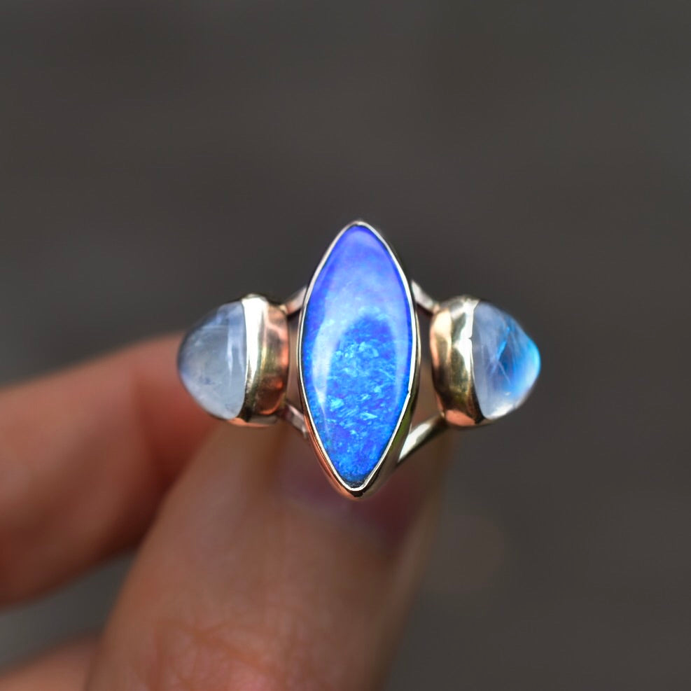 Australian Opal and Moonstone Ring In Solid Gold - Angel Alchemy Jewelry