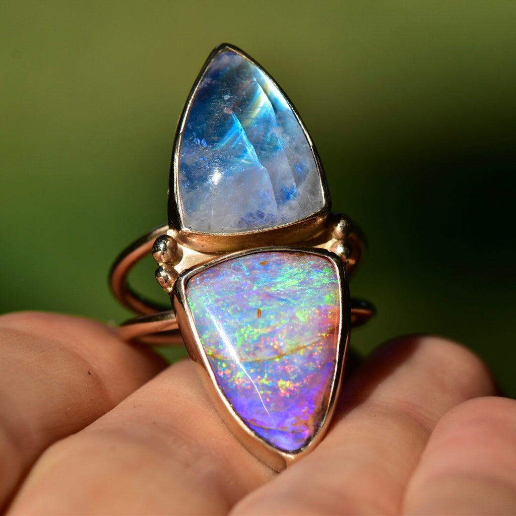 Australian Rainbow Opal and Moonstone Talisman Ring in Solid 14k Gold - Angel Alchemy Jewelry