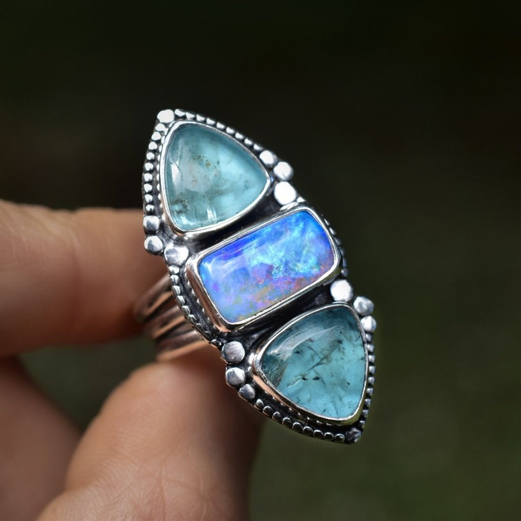 Purple Blue Australian Opal Ring with Apatite - Angel Alchemy Jewelry
