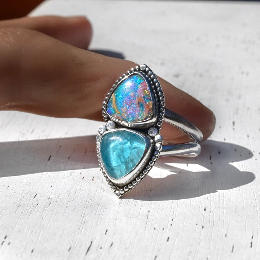Australian Opal Ring with Neon Sea Green Apatite, Silver Two Stone Talisman (reserved) - Angel Alchemy Jewelry
