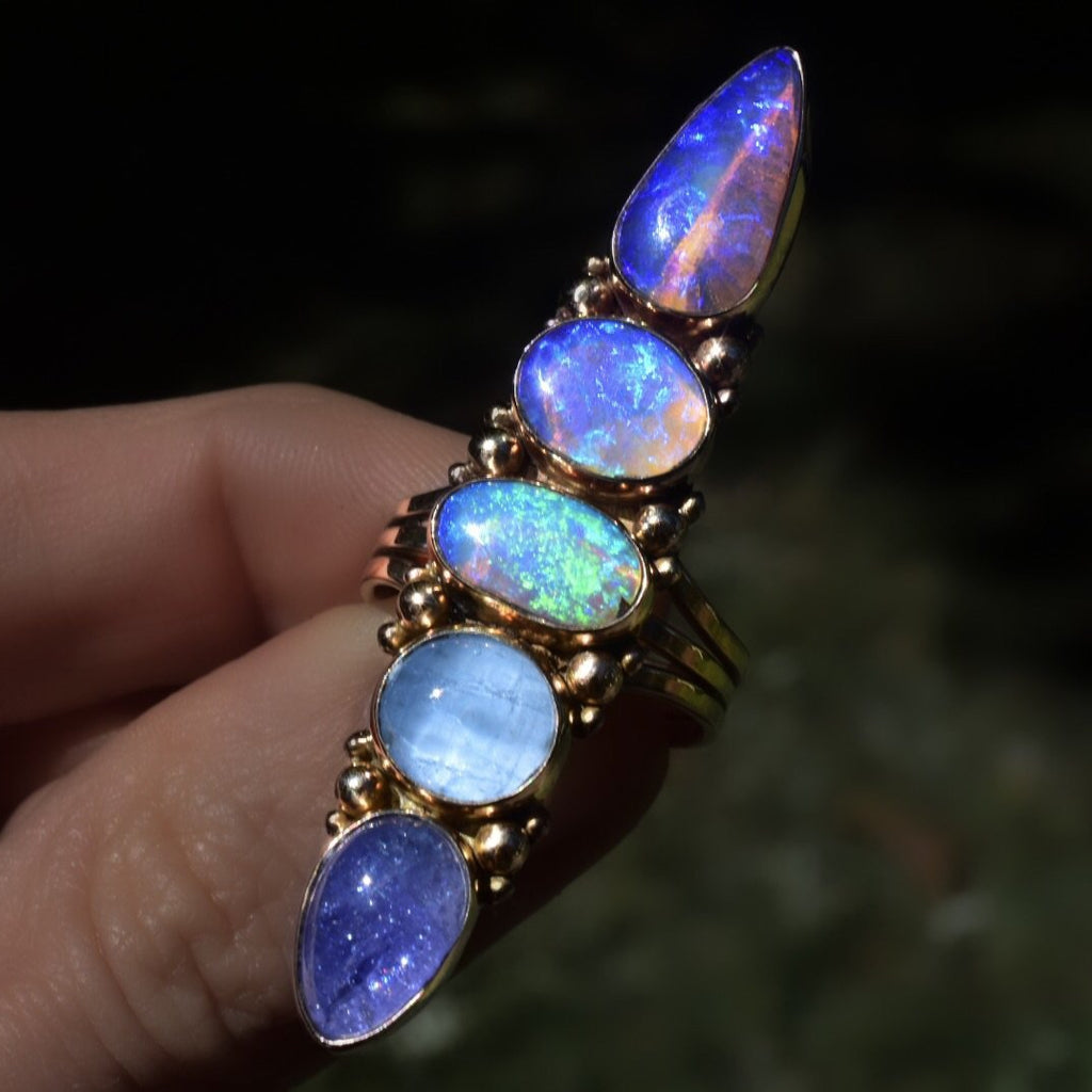 Solid Gold Unicorn Ring Featuring Australian Opal, Tanzanite and Goshenite - Angel Alchemy Jewelry