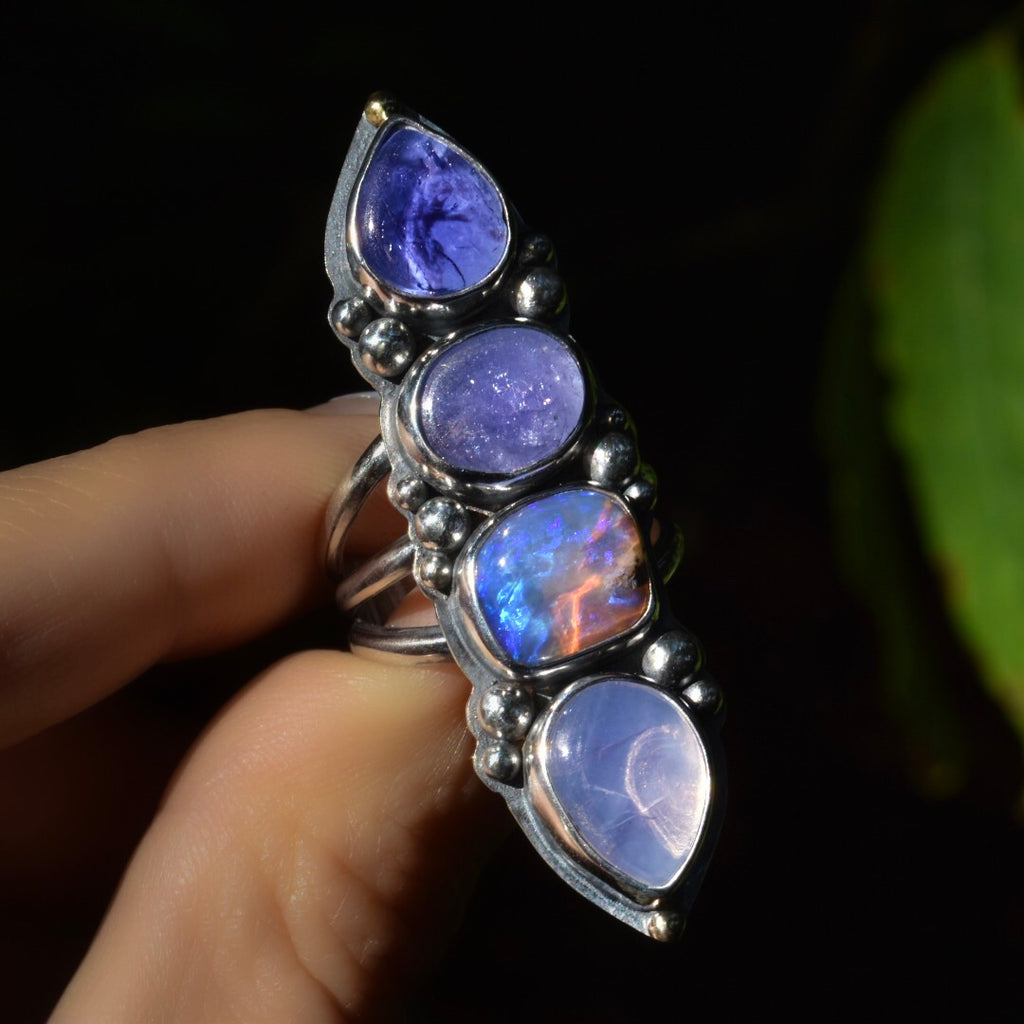 Australian Opal, Tanzanite, and Lavender Quartz Talisman Ring - Angel Alchemy Jewelry