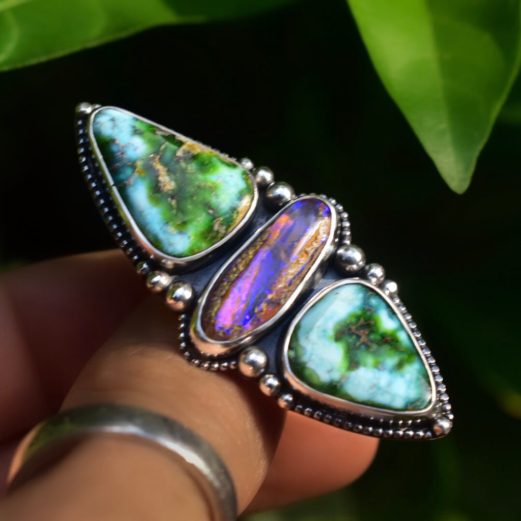 Horizontal Ring with Sonoran Gold Turquoise and Australian Purple Opal - Angel Alchemy Jewelry