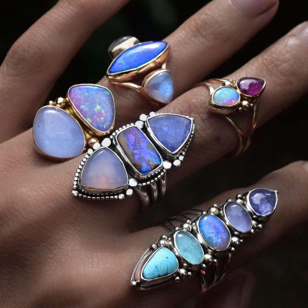 Australian Opal and Moonstone Ring In Solid Gold - Angel Alchemy Jewelry