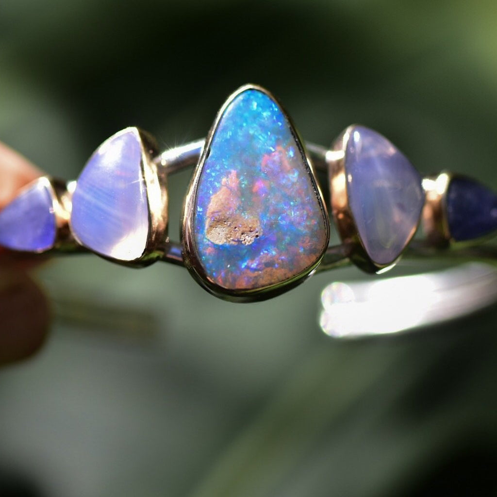 Australian Opal, Lavender Quartz, and Tanzanite Cuff Bracelet - Angel Alchemy Jewelry