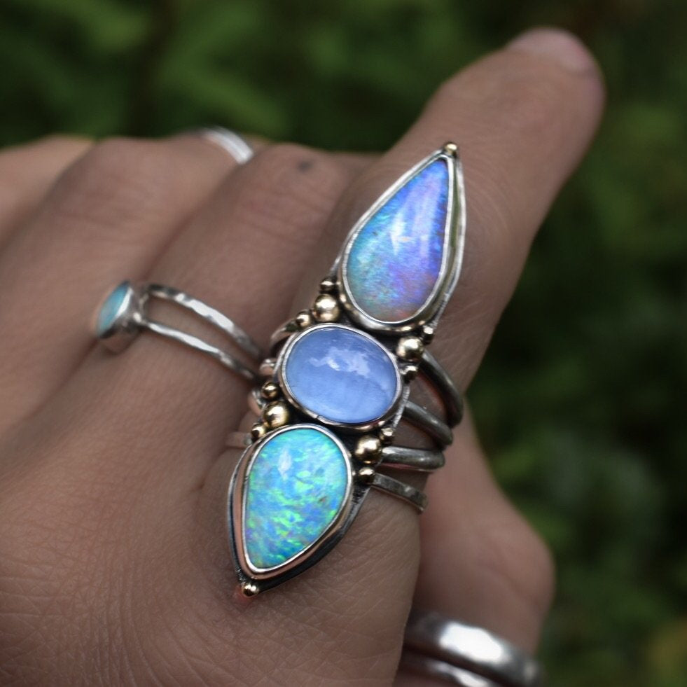 Purple and Green Australian Opal Talisman Ring with Goshenite and gold details - Angel Alchemy Jewelry
