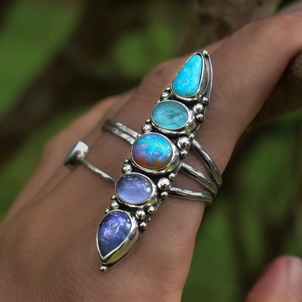 Unicorn Ring with Australian Opal, Tanzanite, Iolite, Apatite and Turquoise - Angel Alchemy Jewelry