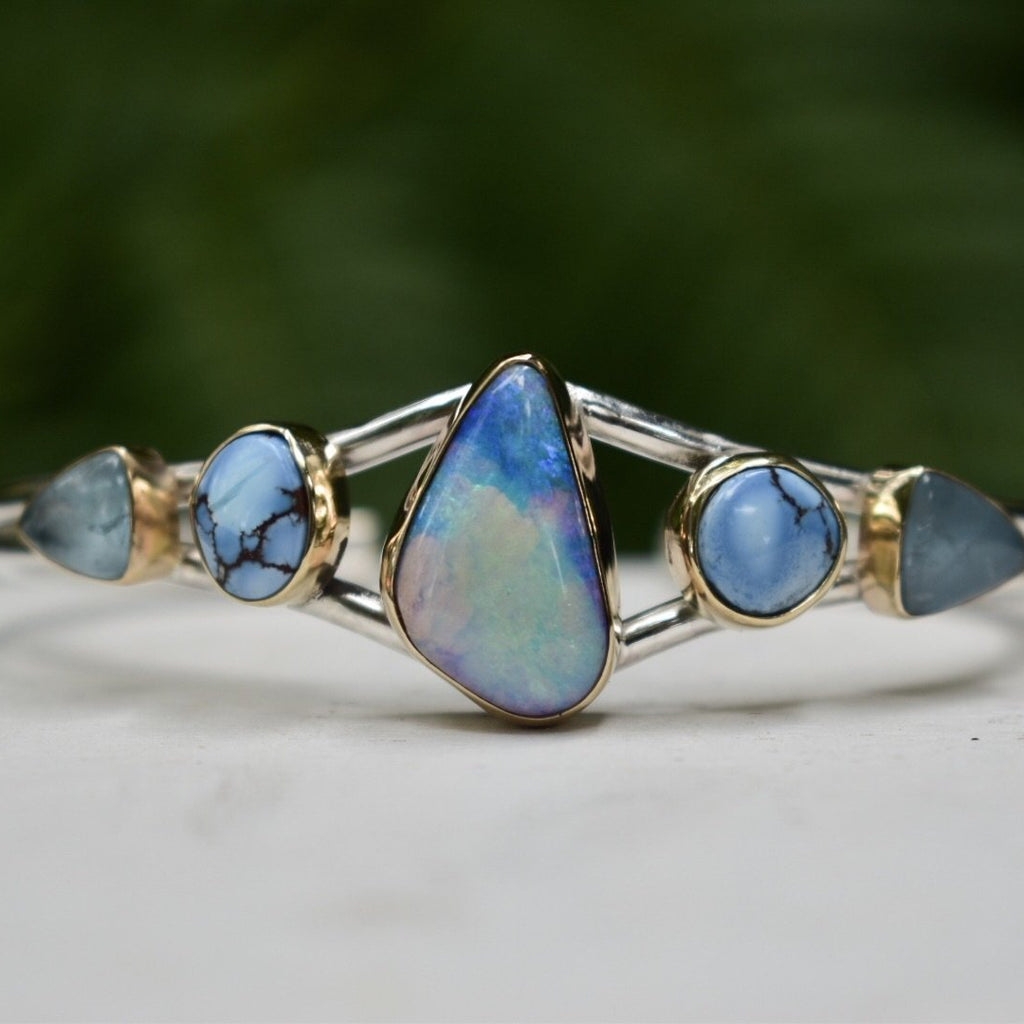 Australian Opal, Golden Hill Turquoise, and Aquamarine Cuff Bracelet - Angel Alchemy Jewelry