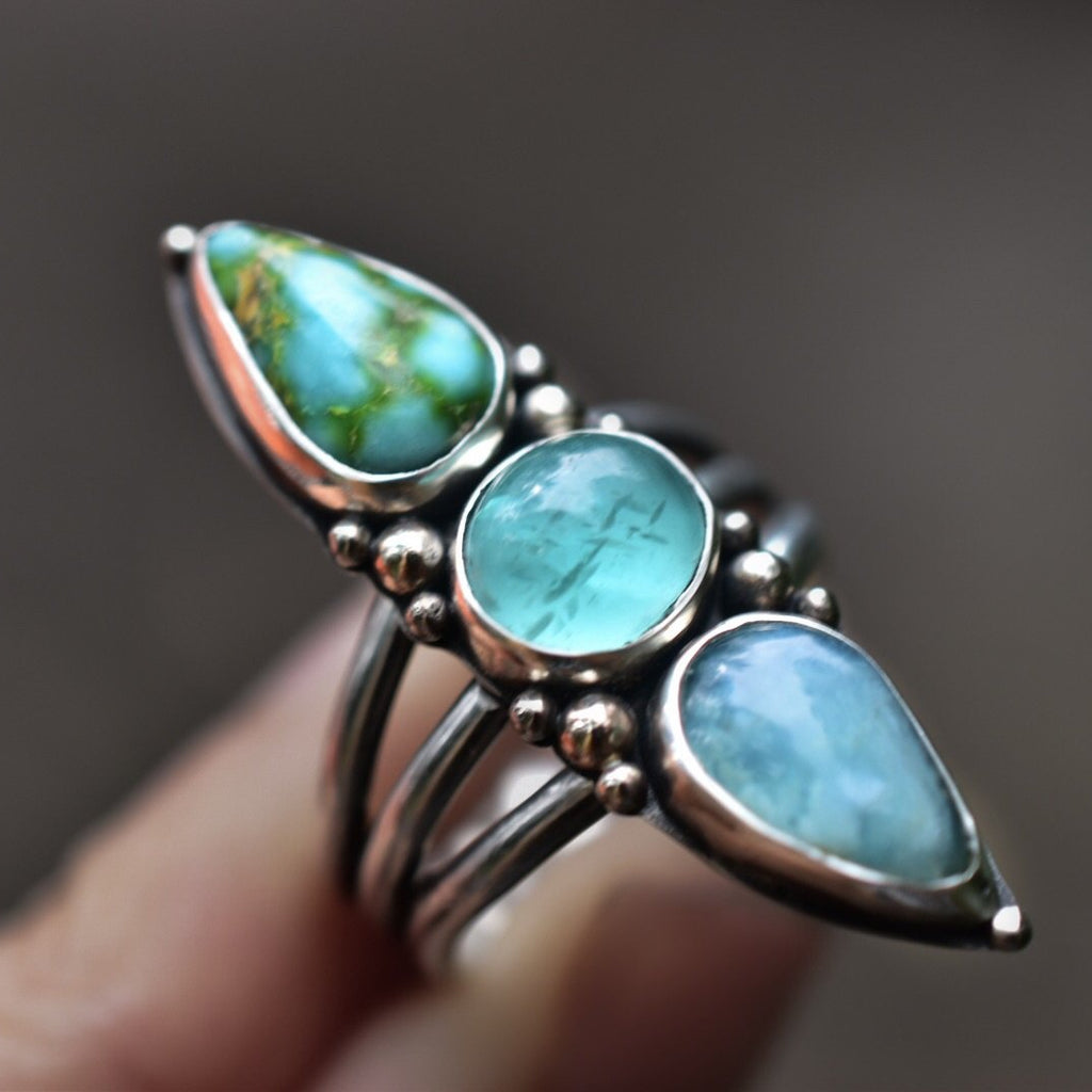 Peruvian Opal Ring with Apatite and Sonoran Gold Turquoise - Angel Alchemy Jewelry
