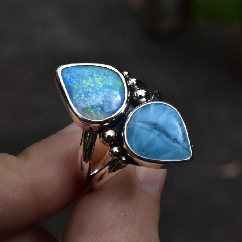Australian Opal Ring with High grade Larimar and White Gold Details - Angel Alchemy Jewelry