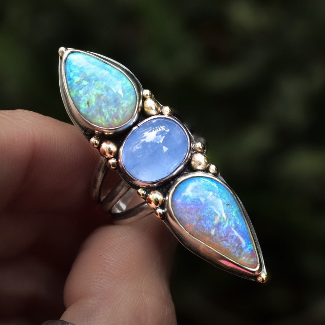 Purple and Green Australian Opal Talisman Ring with Goshenite and gold ...
