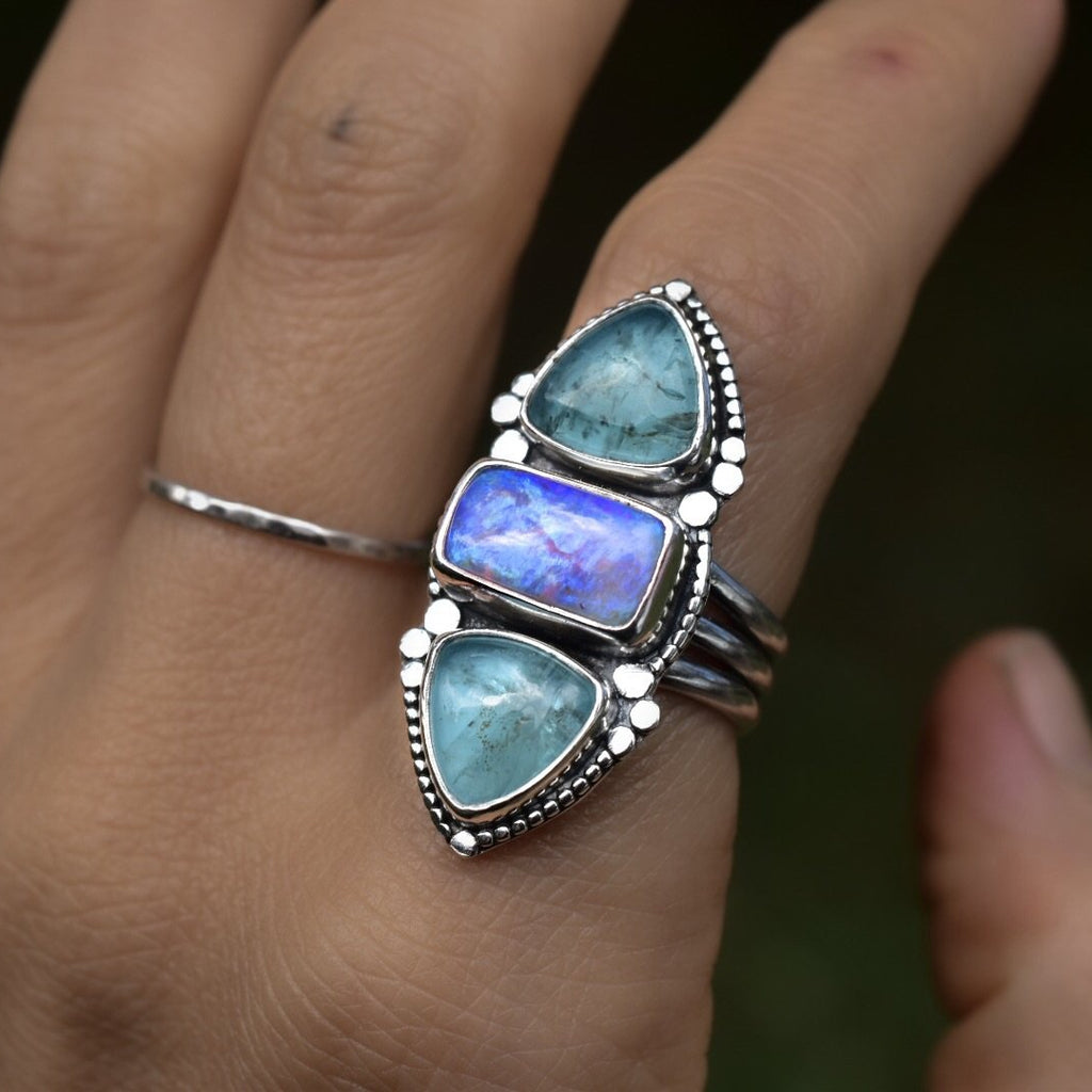 Purple Blue Australian Opal Ring with Apatite - Angel Alchemy Jewelry