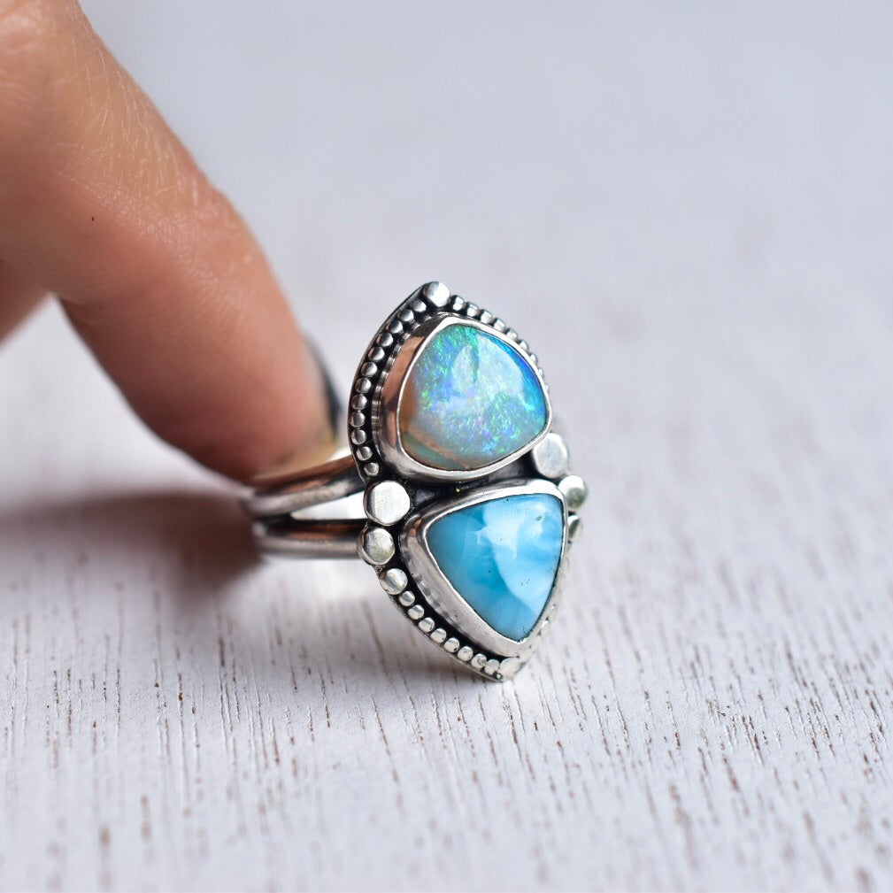 Australian Opal Ring with Larimar Healing Gemstone Talisman (reserved) - Angel Alchemy Jewelry