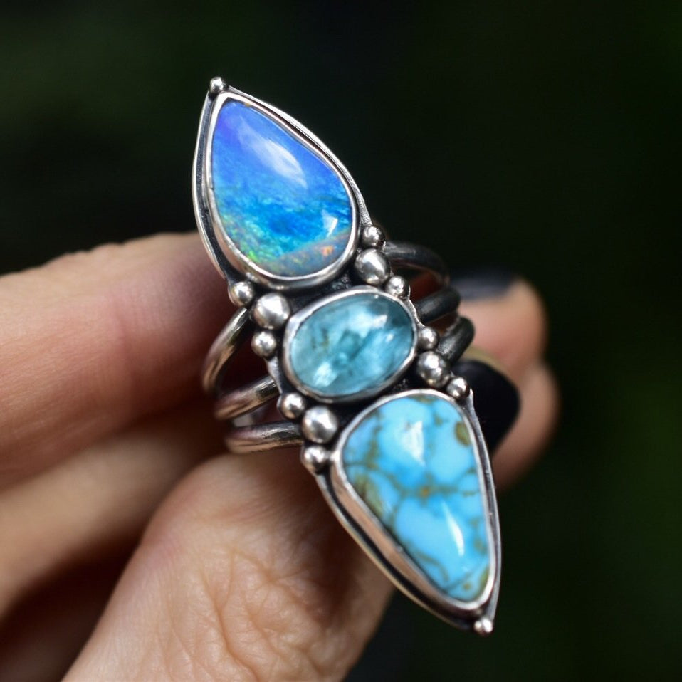Australian Opal Talisman Ring with Turquoise and Apatite - Angel Alchemy Jewelry
