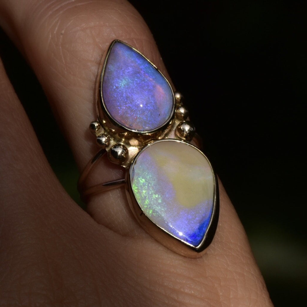 Beautiful Sherbert Colored Opal with Lilac Purple double Opal Solid Gold Talisman Ring - Angel Alchemy Jewelry