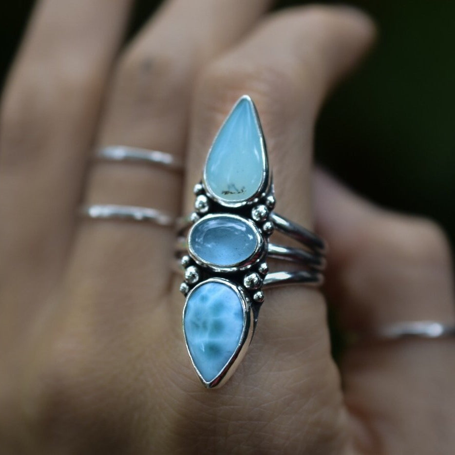 Peruvian Blue Opal Ring with Larimar and Aquamarine - Angel Alchemy Jewelry