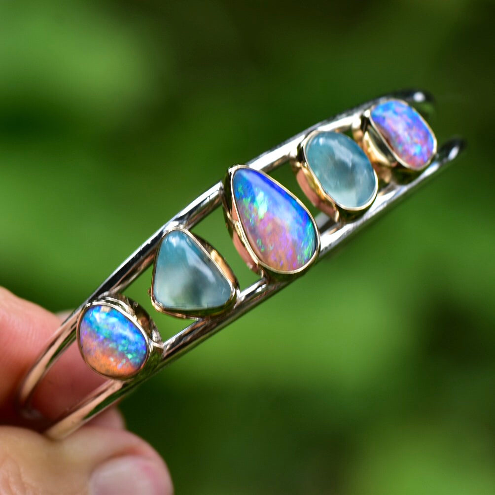 Multi Australian and Peruvian Opal cuff bracelet with solid 14k gold bezels - Angel Alchemy Jewelry