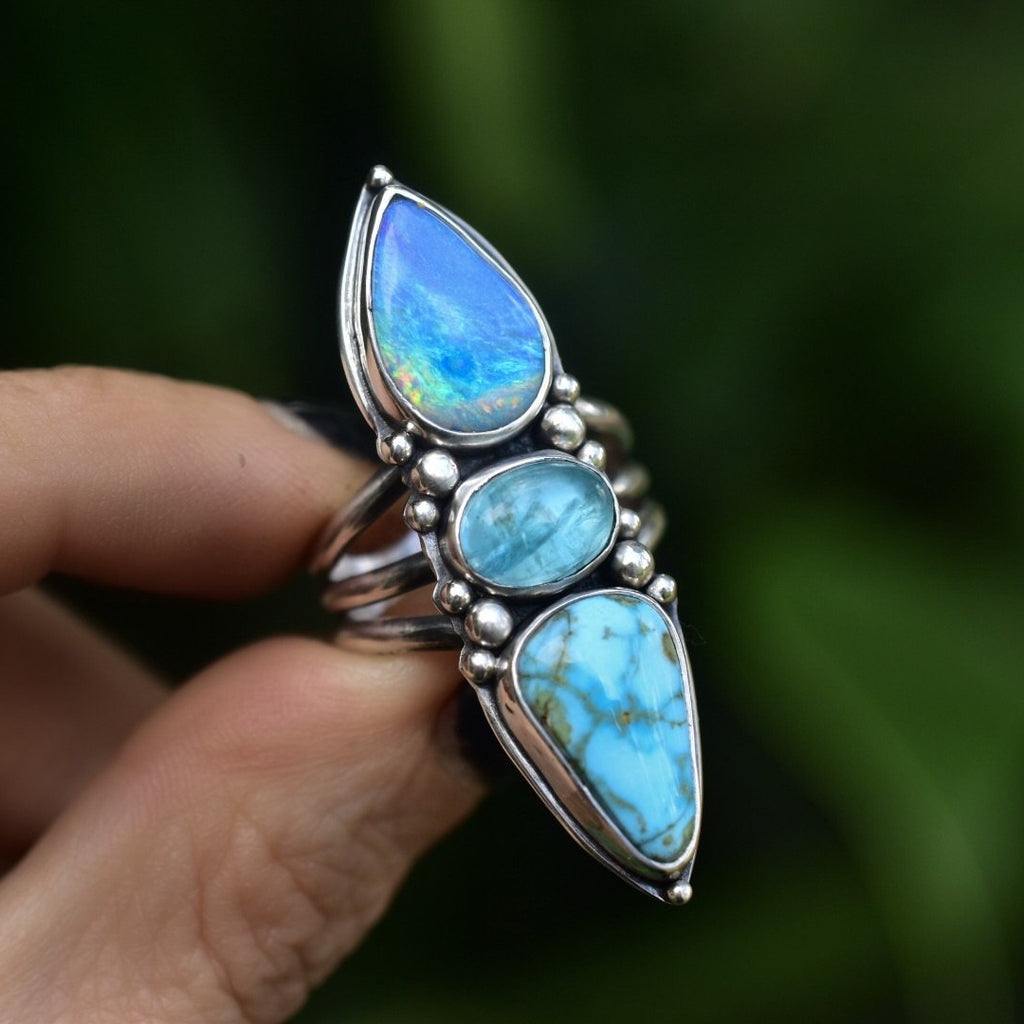 Australian Opal Talisman Ring with Turquoise and Apatite - Angel Alchemy Jewelry