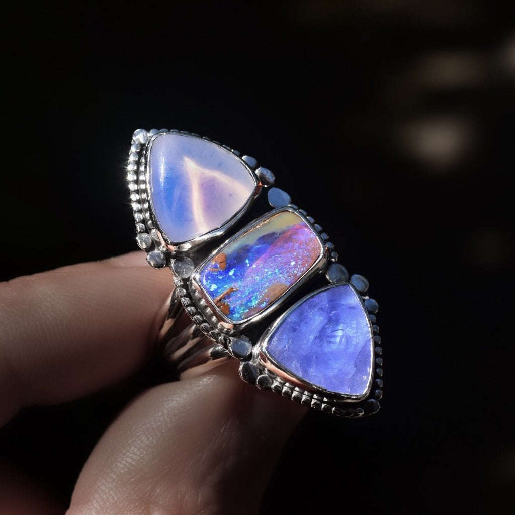 Australian Opal Ring with Tanzanite and Lavender Quartz - Angel Alchemy Jewelry