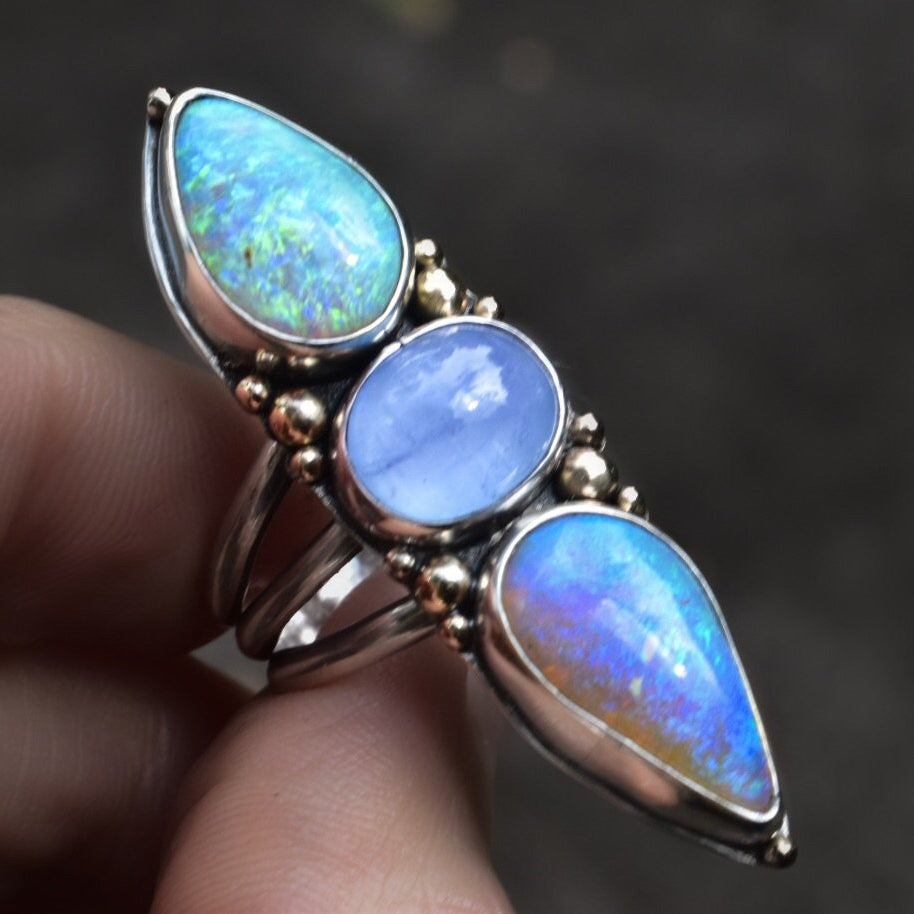 Purple and Green Australian Opal Talisman Ring with Goshenite and gold details - Angel Alchemy Jewelry