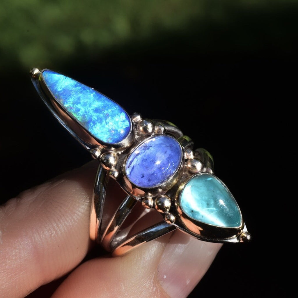 Australian Opal Ring with Tanzanite and Apatite  with Gold Accents - Angel Alchemy Jewelry