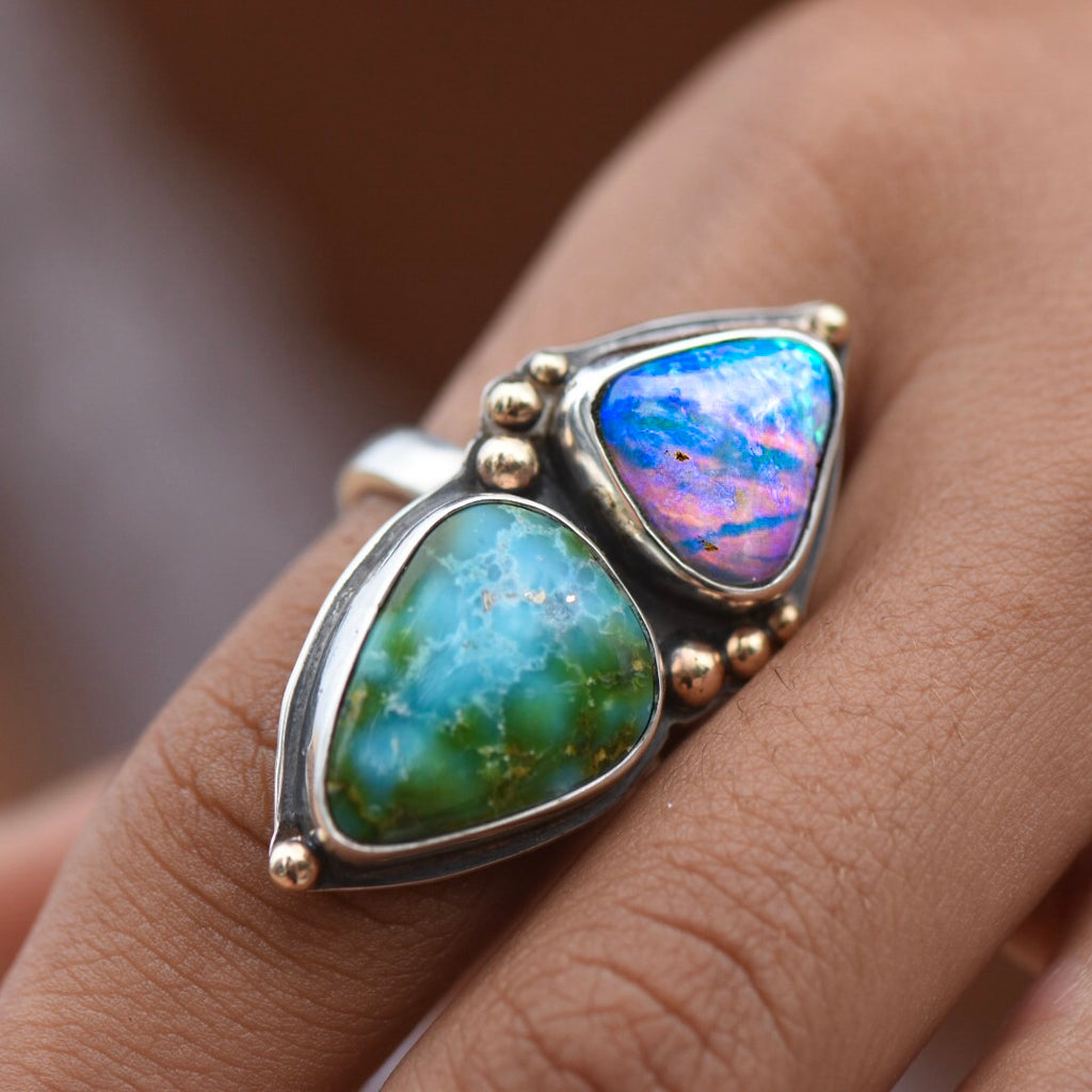 Australian Opal and Royston Turquoise Adjustable Ring with Gold detail - Angel Alchemy Jewelry