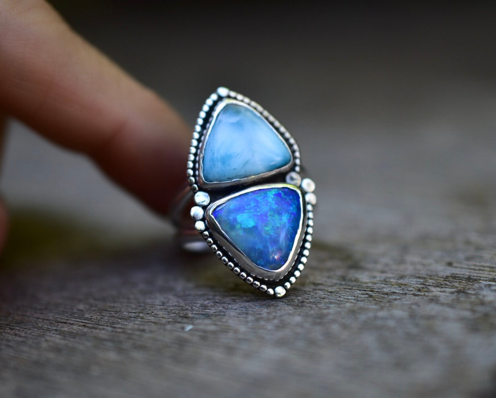 Blue Opal Ring with Larimar - Talisman with Gold Dots m - Angel Alchemy Jewelry