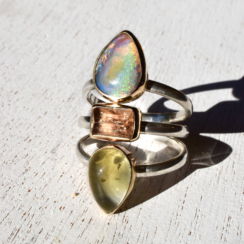 Australian Opal Ring with Imperial Topaz and Citrine- Goddess Talisman Gold Bezels (reserved) - Angel Alchemy Jewelry