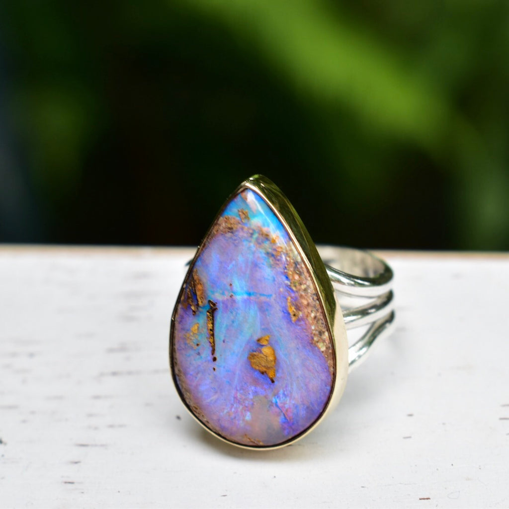 Amazing Purple and green Australian Opal Ting with Gold bezel - Angel Alchemy Jewelry