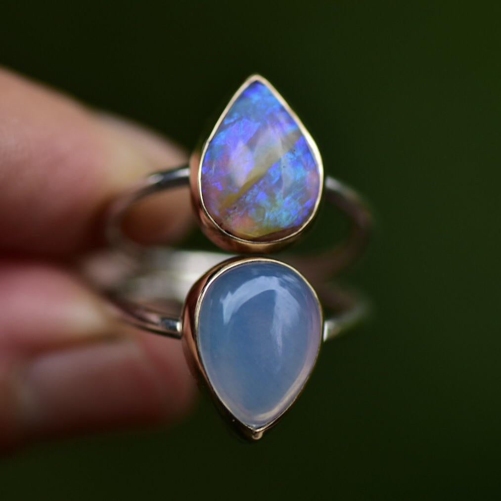 Lavender Quartz and Australian Opal ring with Gold Bezels size 6.75 - Angel Alchemy Jewelry