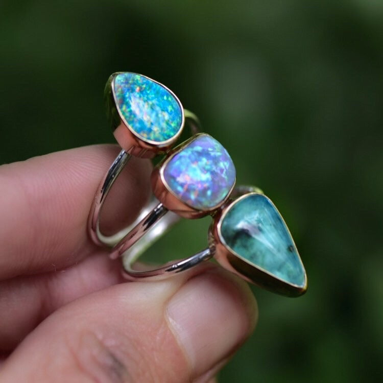 Australian and Peruvian Opal Talisman Ring with Gold Bezels - Angel Alchemy Jewelry