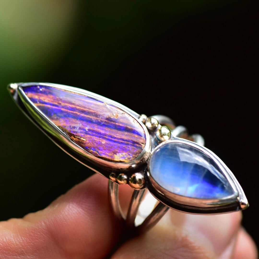 Purple Australian Opal and Moonstone Angel Alchemy Talisman Ring