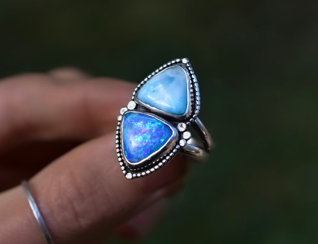 Blue Opal Ring with Larimar - Talisman with Gold Dots m - Angel Alchemy Jewelry