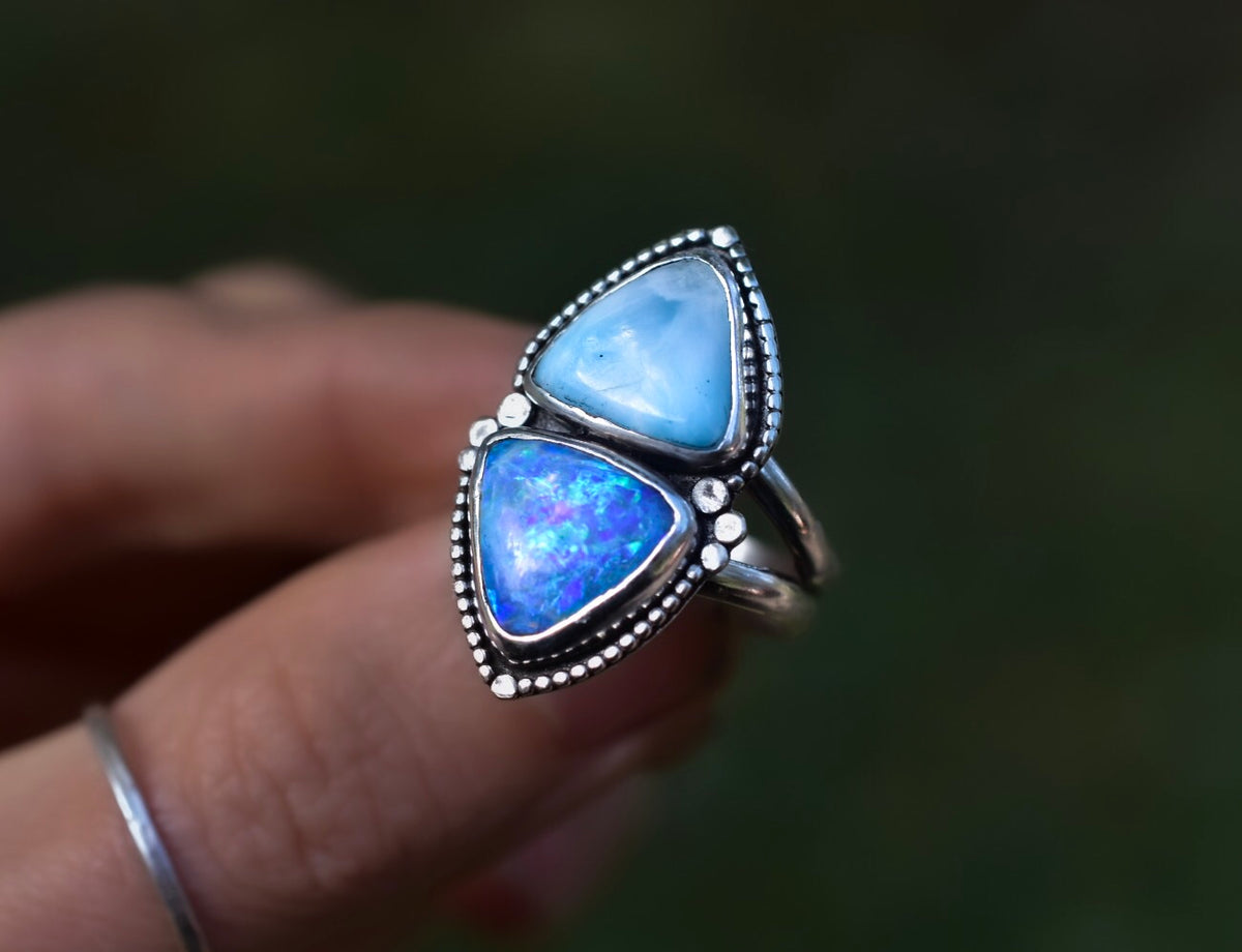 Blue Opal Ring with Larimar - Talisman with Gold Dots m – Angel Alchemy
