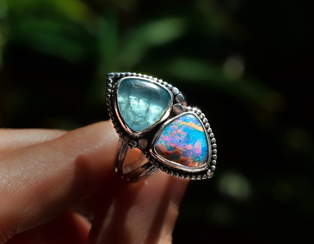 Australian Opal Ring with Neon Sea Green Apatite, Silver Two Stone Talisman (reserved) - Angel Alchemy Jewelry