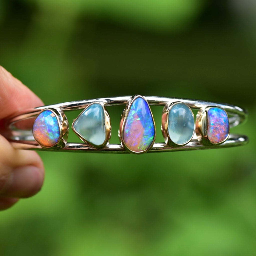 Multi Australian and Peruvian Opal cuff bracelet with solid 14k gold bezels - Angel Alchemy Jewelry