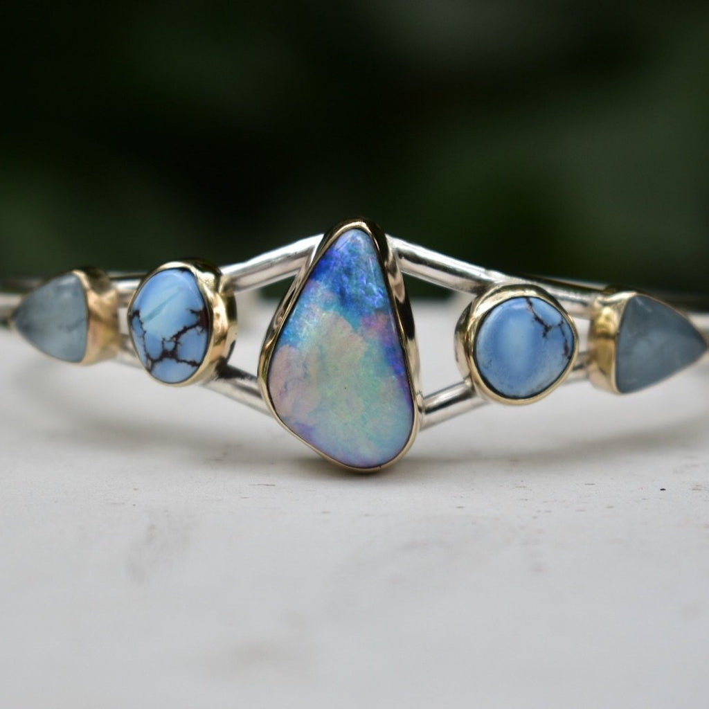 Australian Opal, Golden Hill Turquoise, and Aquamarine Cuff Bracelet - Angel Alchemy Jewelry