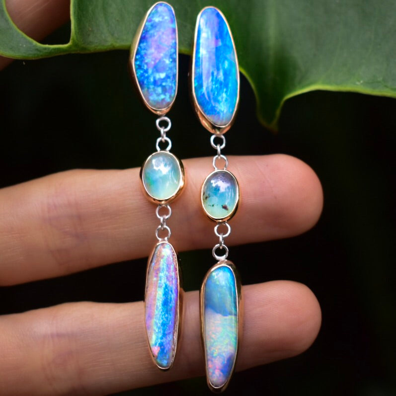 Australian Opal and Peruvian Opal earrings with gold bezels - Angel Alchemy Jewelry