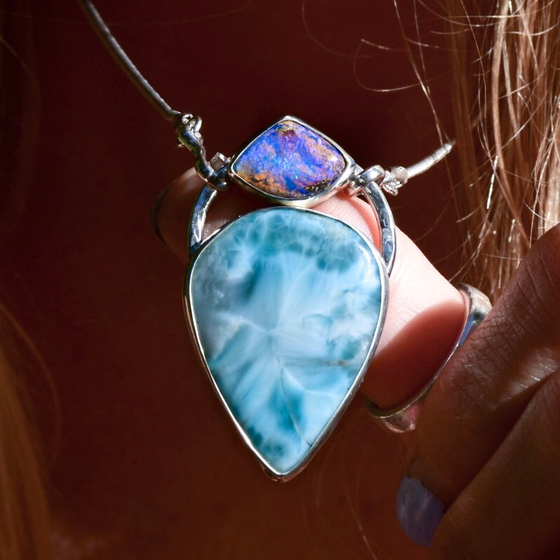 Larimar & Purple Australian  Opal Necklace - Angel Alchemy Jewelry