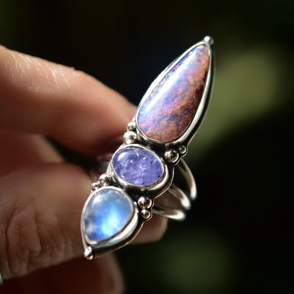 Pipe Opal ring with Tanzanite and Moonstone - Angel Alchemy Jewelry