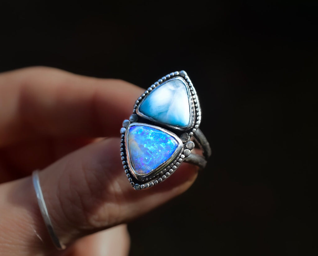 Blue Opal Ring with Larimar - Talisman with Gold Dots m - Angel Alchemy Jewelry