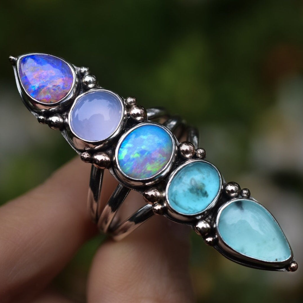 Australian Opal Ring with Lavender Calcedony,  Apatite and Peruvian Opal - Angel Alchemy Jewelry