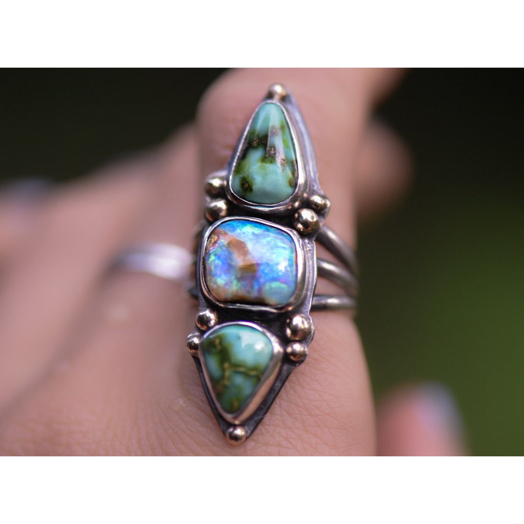 Australian Crystal Opal and Sonoran Gold Turquoise Talisman ring - Angel Alchemy Jewelry