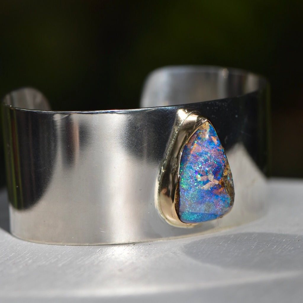 Wide Cuff Bracelet with Opal and Gold Bezel - Angel Alchemy Jewelry