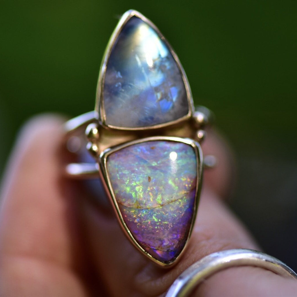 Australian Rainbow Opal and Moonstone Talisman Ring in Solid 14k Gold - Angel Alchemy Jewelry