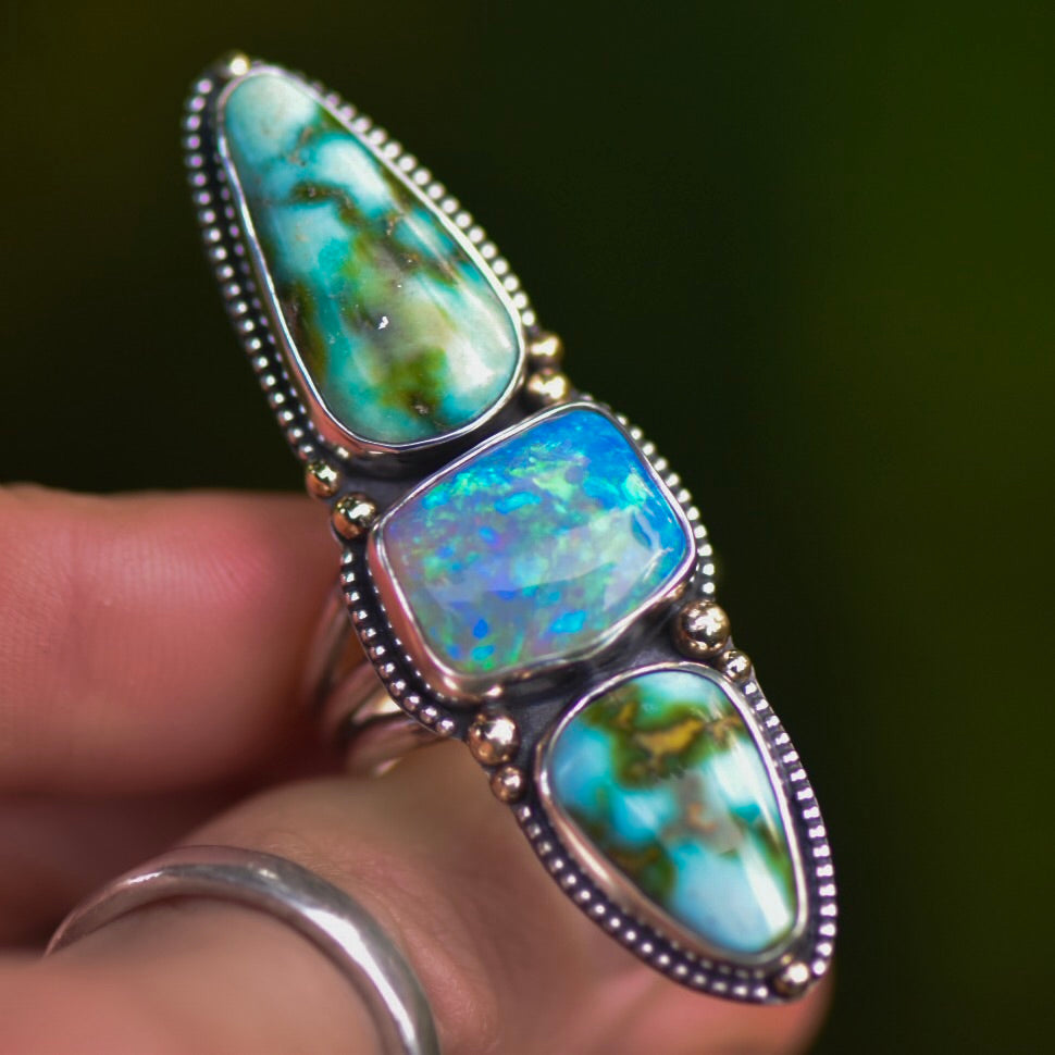 Australian Crystal Opal and Sonoran Gold Turquoise Talisman Ring size 9 - Angel Alchemy Jewelry