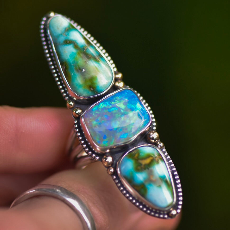Australian Crystal Opal and Sonoran Gold Turquoise Talisman Ring size 9