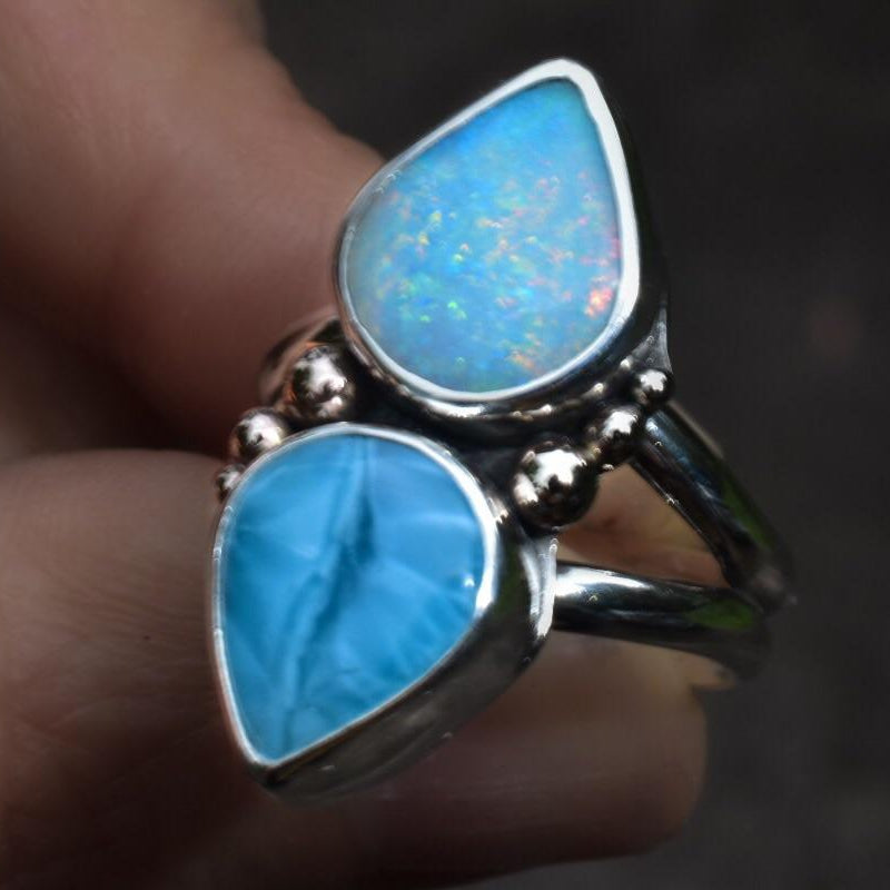 Australian Opal Ring with High grade Larimar and White Gold Details - Angel Alchemy Jewelry
